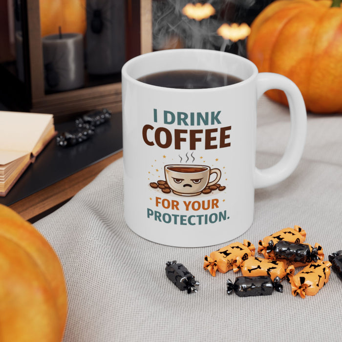 Funny Coffee Mug - 'I Like Coffee For Your Protection' Cute Cartoon Design, Gift for Coworkers & Friends