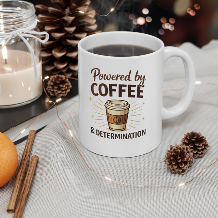 Coffee Lover Mug – “Powered by Coffee & Determination” Ceramic Coffee Cup (11oz, 15oz)