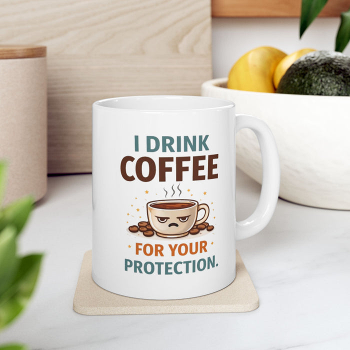 Funny Coffee Mug - 'I Like Coffee For Your Protection' Cute Cartoon Design, Gift for Coworkers & Friends