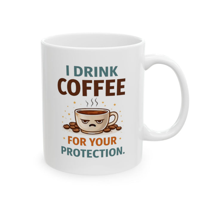 Funny Coffee Mug - 'I Like Coffee For Your Protection' Cute Cartoon Design, Gift for Coworkers & Friends